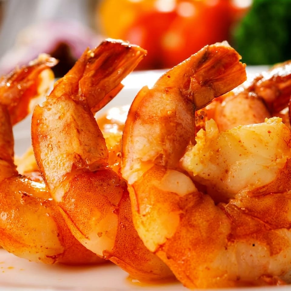 A close-up of several perfectly cooked, orange-red shrimp on a white plate, ready to be served.
