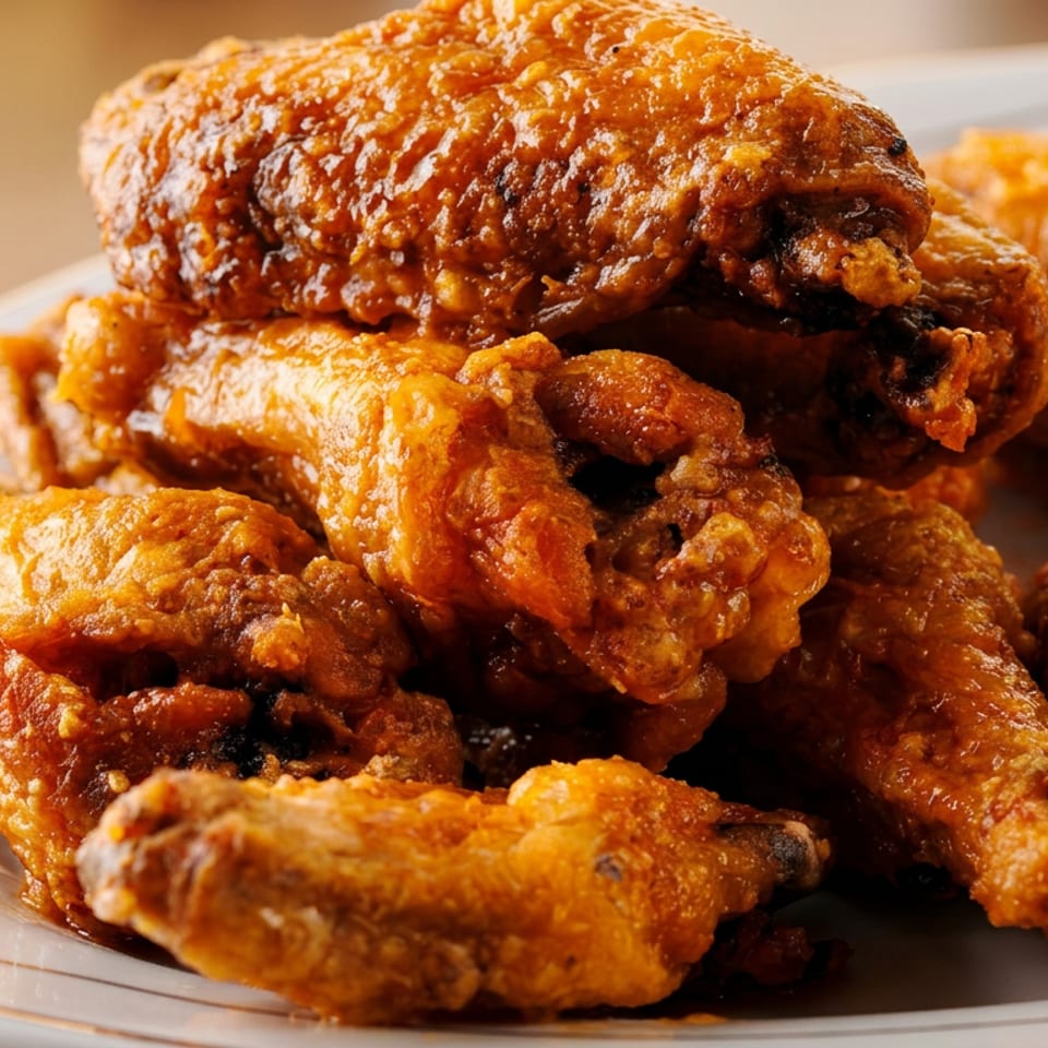 A close-up of a plate piled high with golden-brown, saucy chicken wings, with a side of dipping sauce.