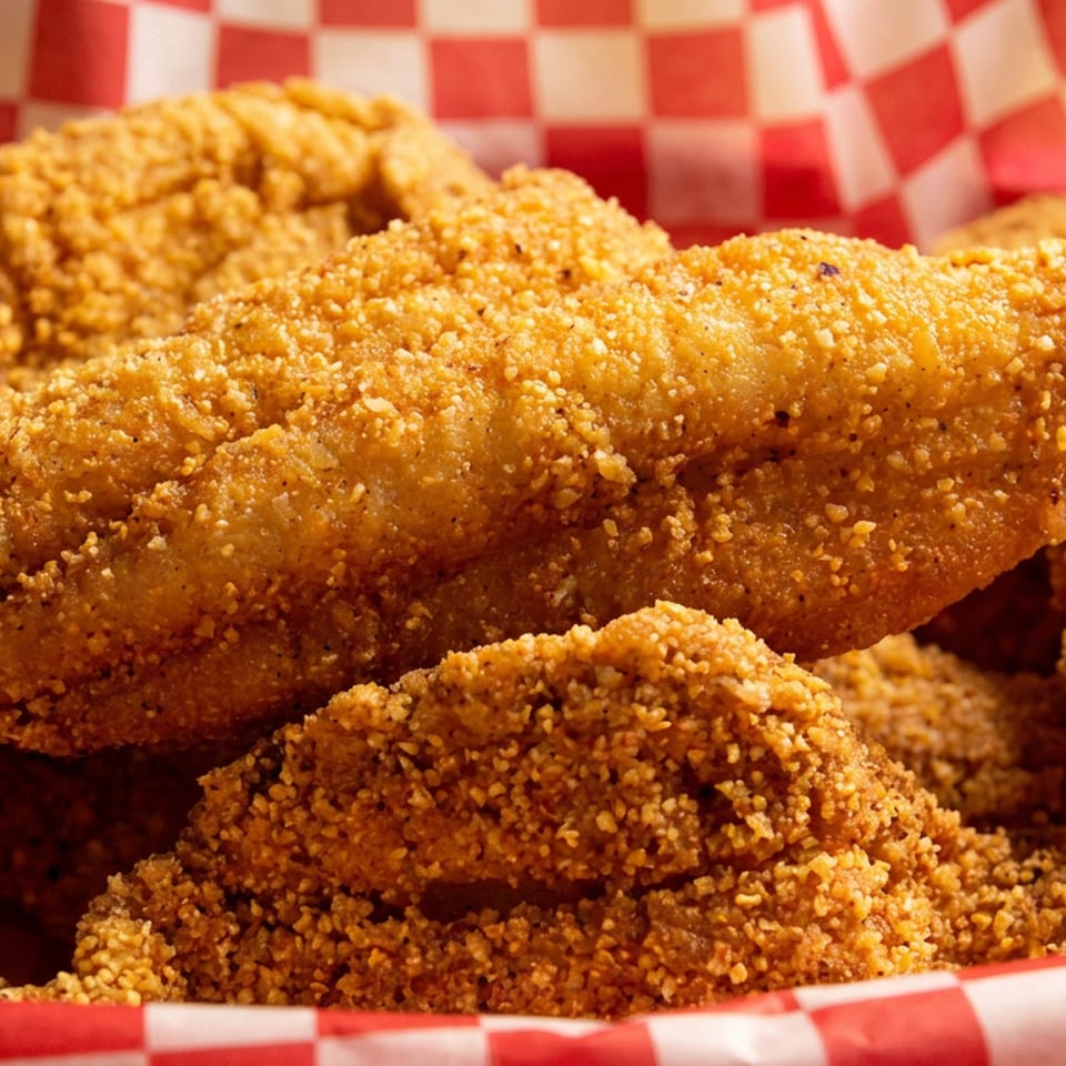 Crispy fried catfish fillets in a red and white checkered paper-lined basket.