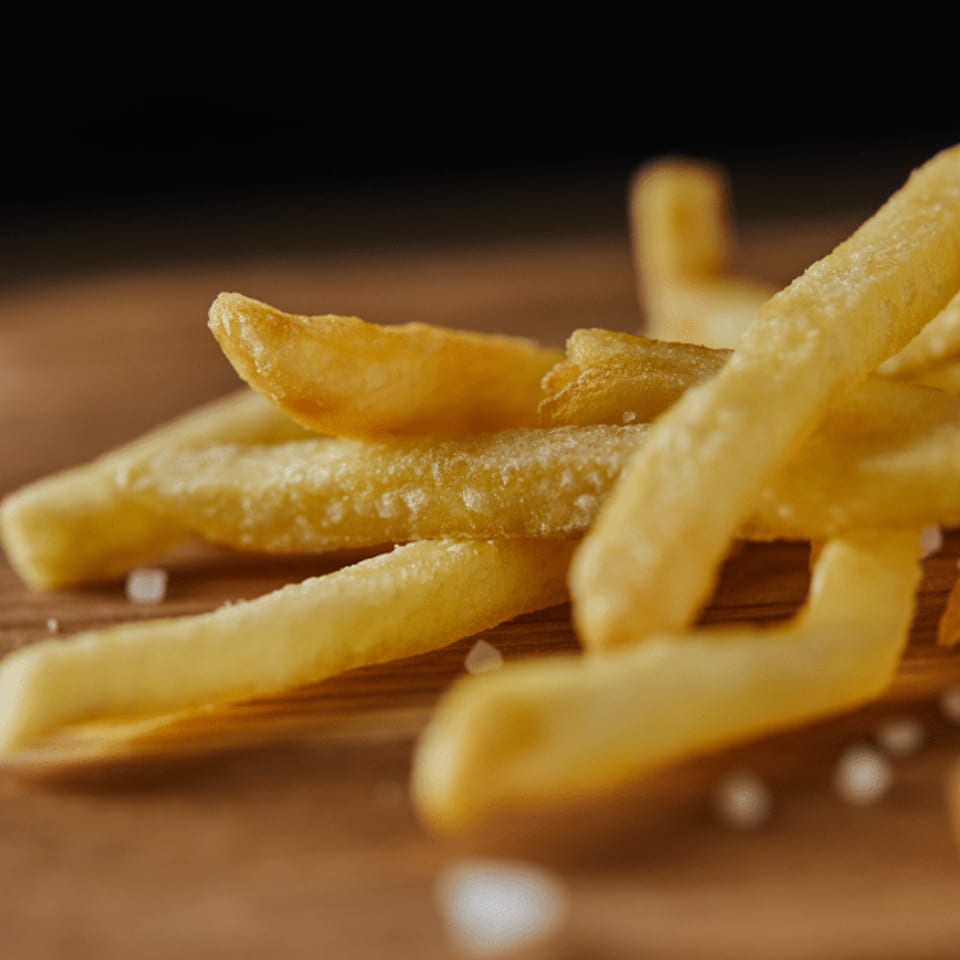 Golden, crispy french fries, lightly salted, piled on a rustic wooden board.