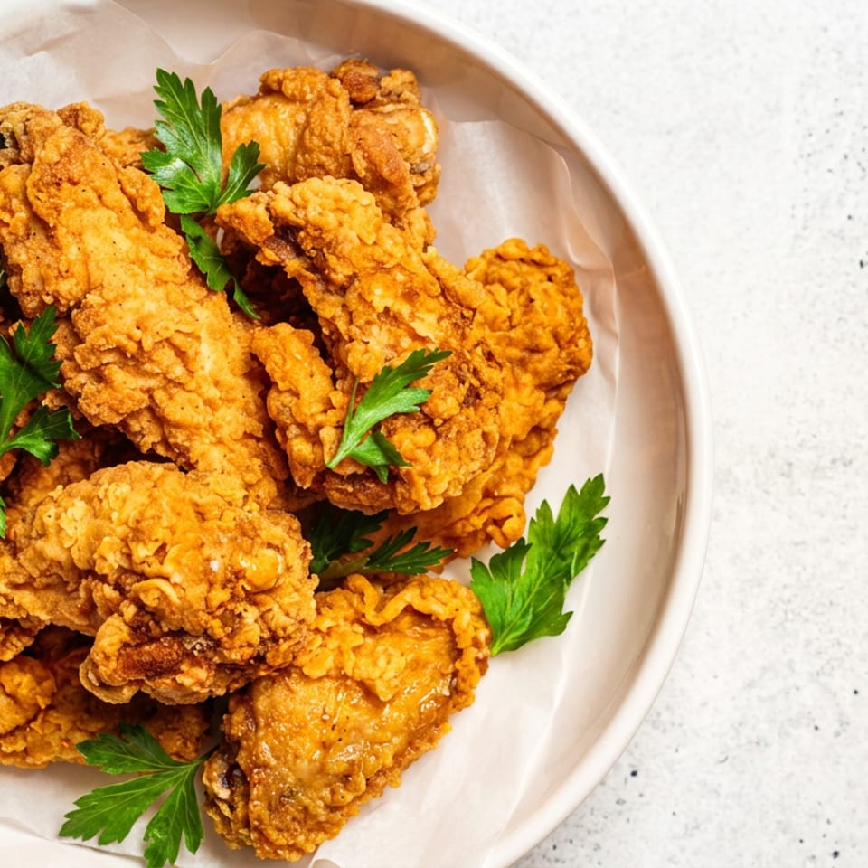 Crispy fried chicken pieces garnished with fresh parsley, served on a white plate with parchment paper.