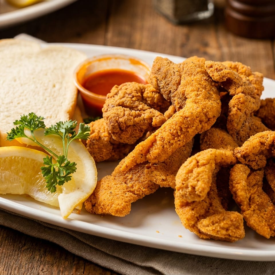 Crispy fried catfish fillets with white bread, lemon, parsley, and dipping sauce on a white plate.