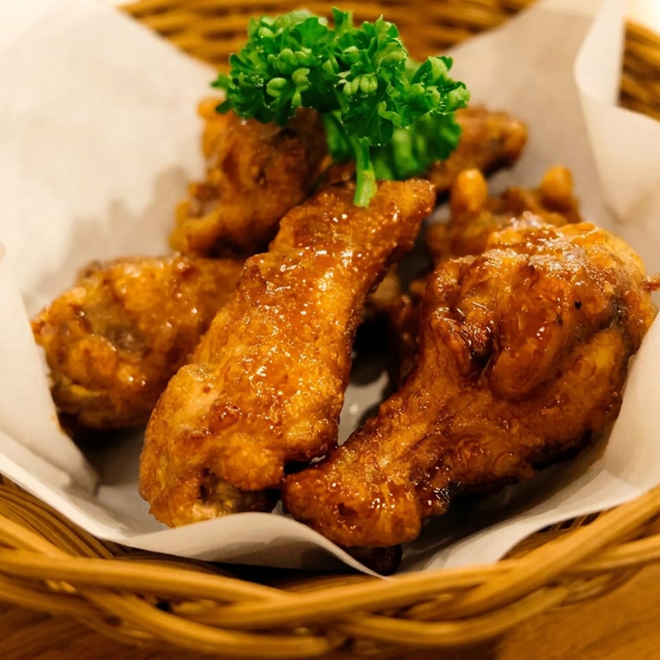 Crispy, glazed chicken wings with parsley in a woven basket lined with white paper.